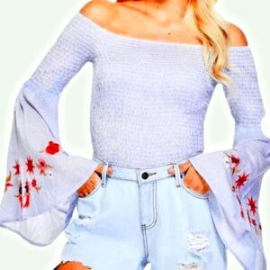 GUESS Briar Floral Embroidery Off The Shoulder Crop Top